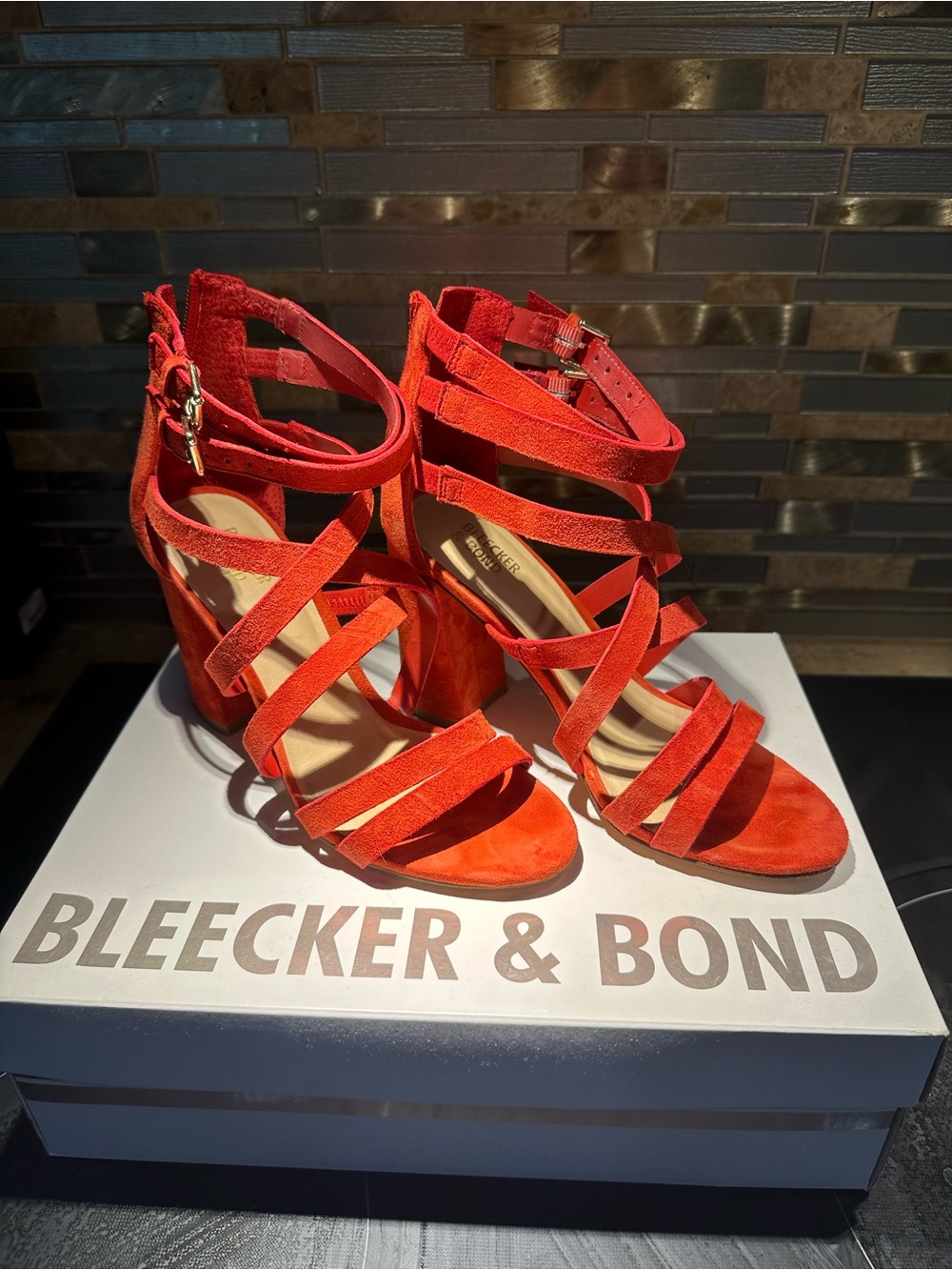 Bleeker & Bond Red/Orange suede look strappy heels Size 8
